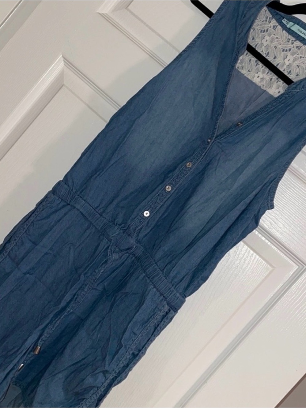 Maurices Blue Denim Romper with Lace Back